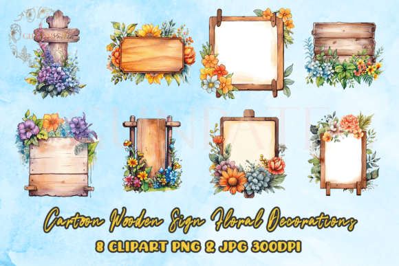 Download Cartoon Wooden Sign Floral Decorations - Floral decor Collection